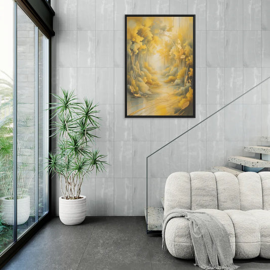 Ethereal Sunlight Yellow Abstract - Living Room Black Frame Canvas