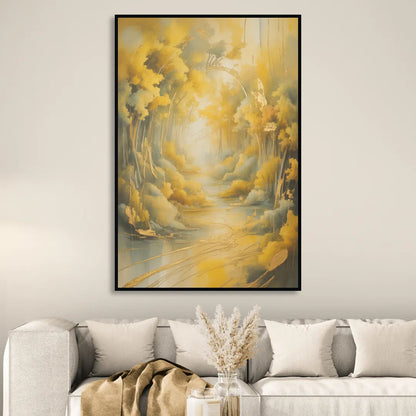 Ethereal Sunlight Yellow Abstract Living Room - Black Canvas Wall Art