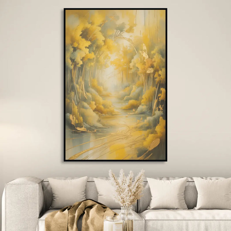 Ethereal Sunlight Yellow Abstract Living Room - Black Canvas Wall Art