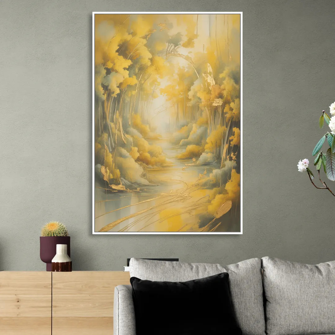 Ethereal Sunlight Yellow Abstract Sitting Room - White Canvas Wall Art