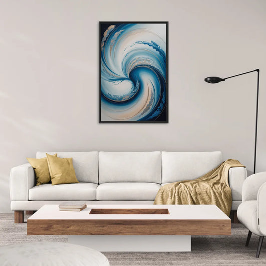 Ethereal Swirls in Blue Abstract - Living Room Black Frame Canvas