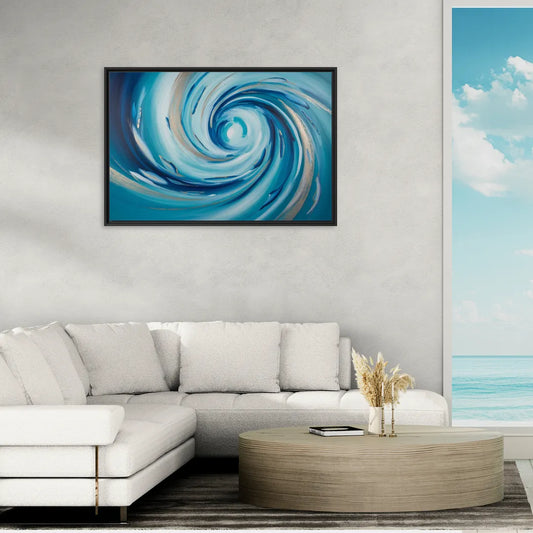 Ethereal Vortex Oceanic Blue Abstract - Living Room Black Frame Canvas