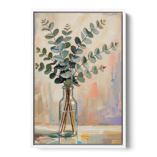 Eucalyptus Canvas Print in a Glass Bottle - White Framed Canvas Wall Art - Front