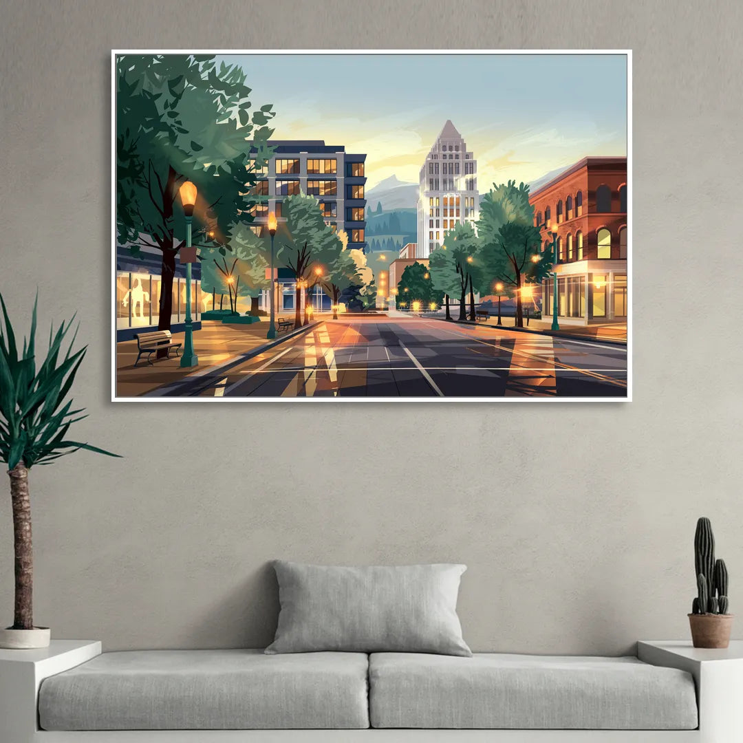 Eugene Cityscape Downtown Sitting Room - White Canvas Wall Art