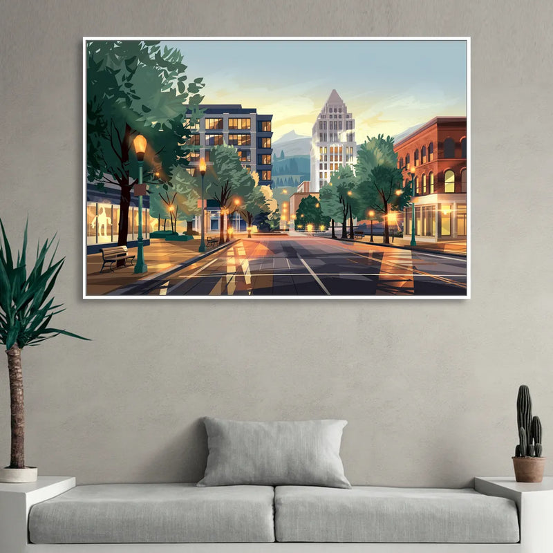 Eugene Cityscape Downtown Sitting Room - White Canvas Wall Art