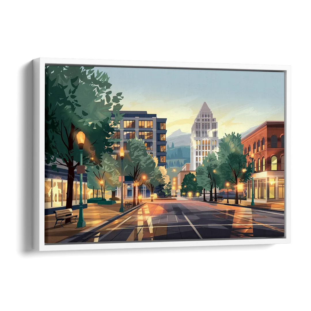 Eugene Cityscape Downtown Side - White Canvas Wall Art