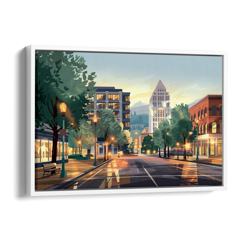 Eugene Cityscape Downtown Side - White Canvas Wall Art
