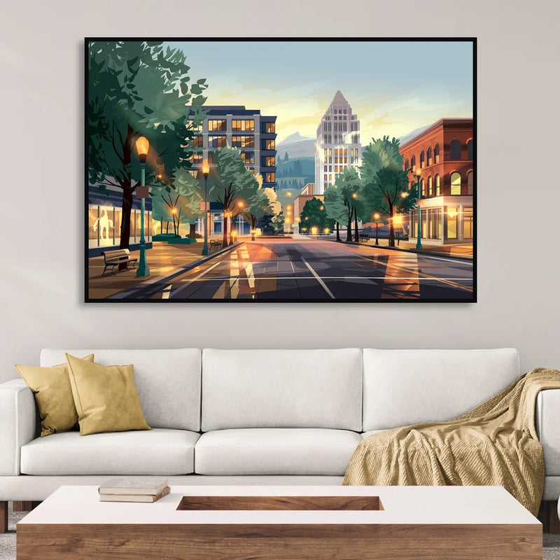 Eugene Cityscape Downtown Sitting Room - Black Canvas Wall Art