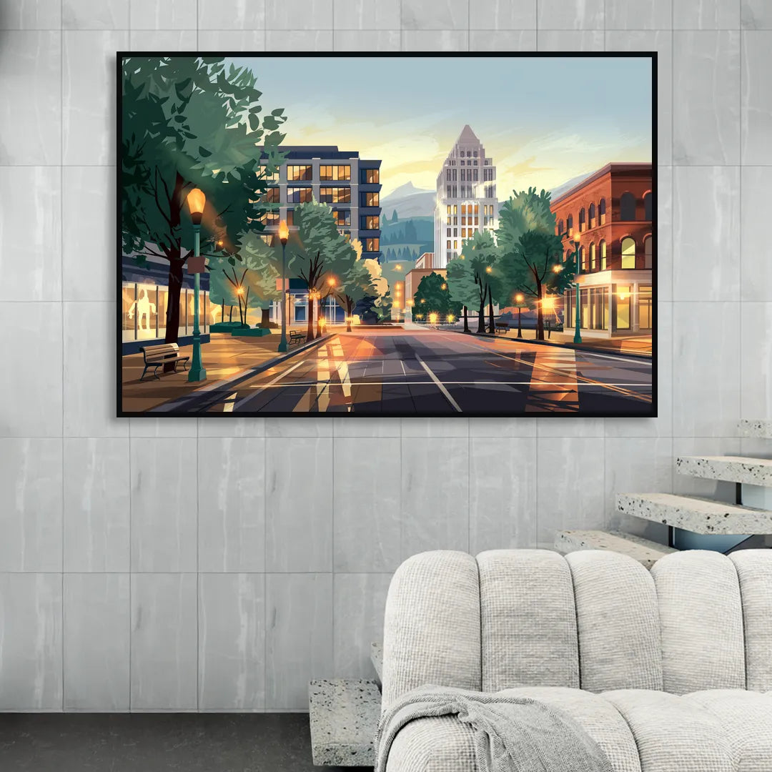 Eugene Cityscape Downtown Living Room - Black Canvas Wall Art