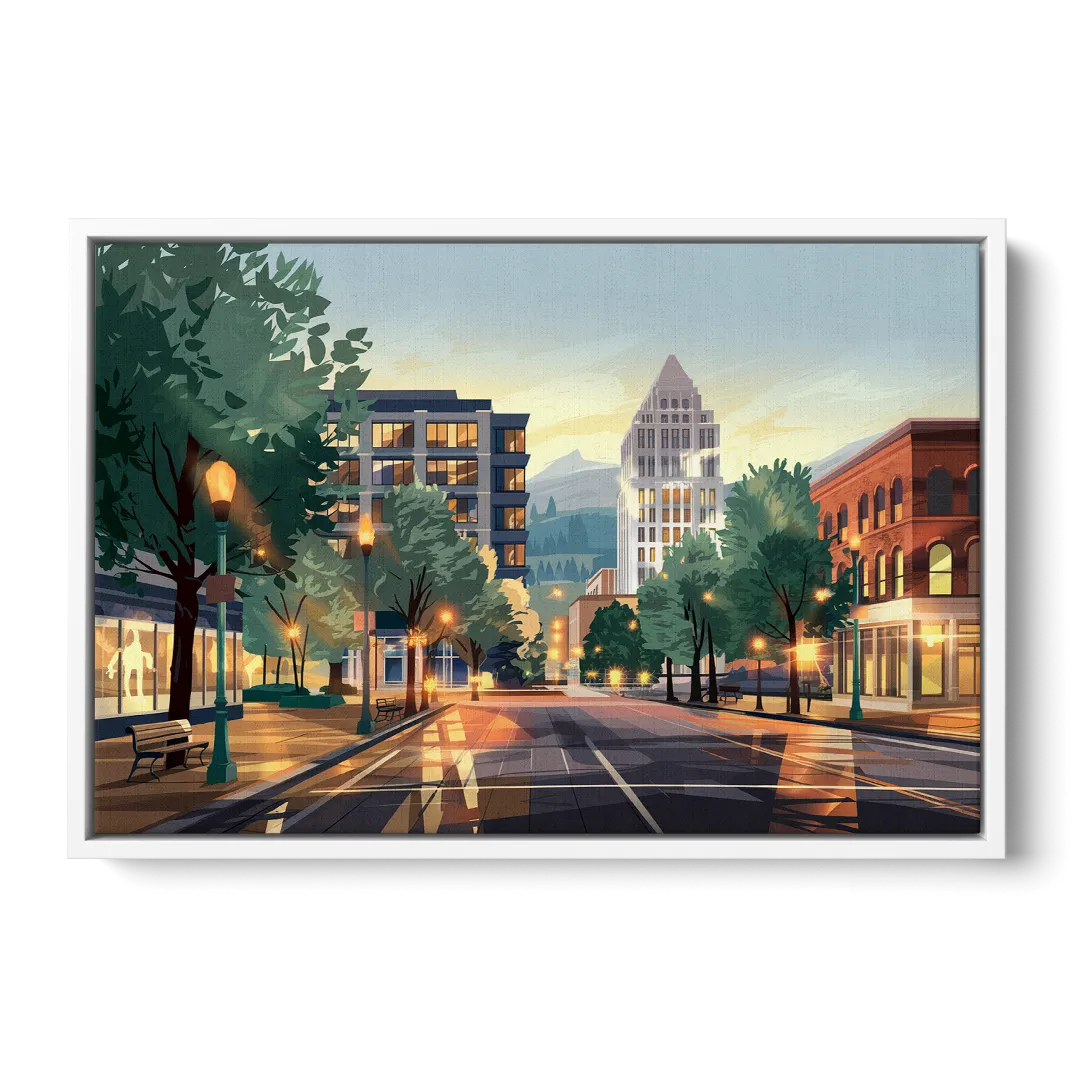 Eugene Cityscape Downtown Front - White Canvas Wall Art