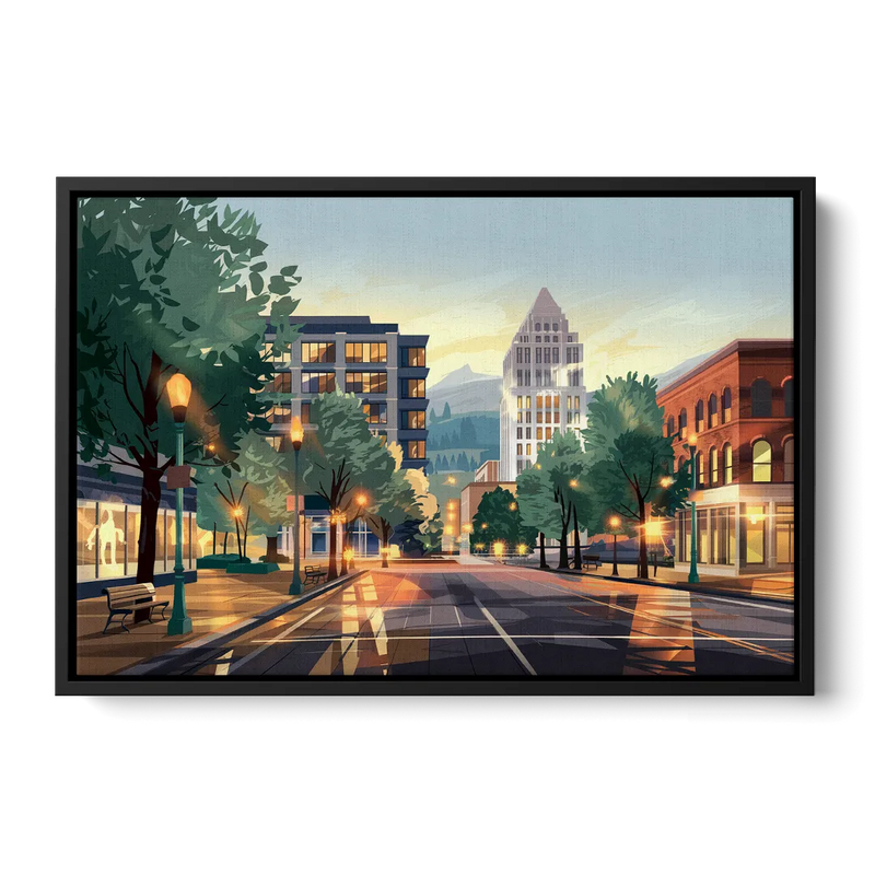 Eugene Cityscape Downtown Front - Black Canvas Wall Art