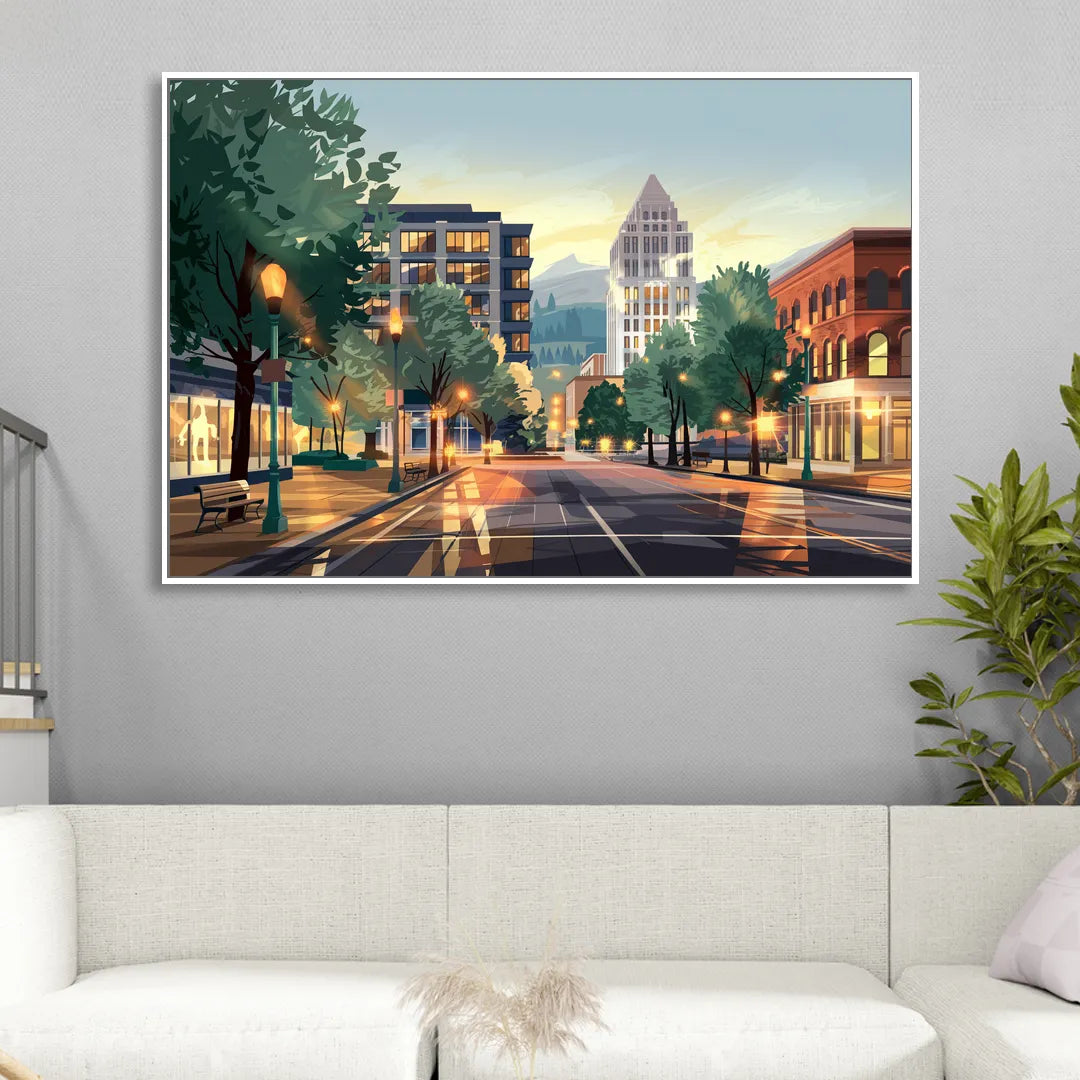 Eugene Cityscape Downtown Living Room - White Canvas Wall Art