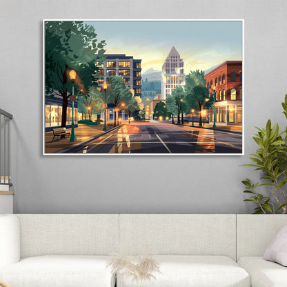 Eugene Cityscape Downtown Living Room - White Canvas Wall Art