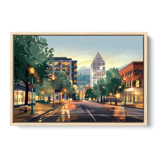 Eugene Cityscape Downtown - Oak Framed Canvas Wall Art - Front