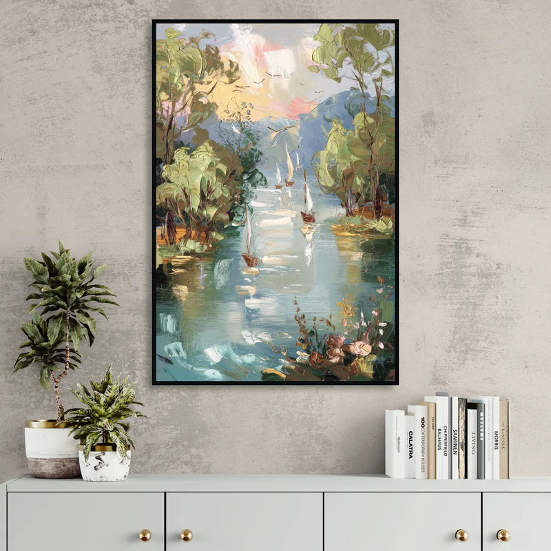 Eugene Riverfront Views Living Room - Black Canvas Wall Art