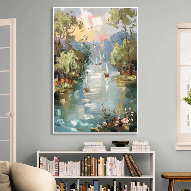 Eugene Riverfront Views Living Room - White Canvas Wall Art