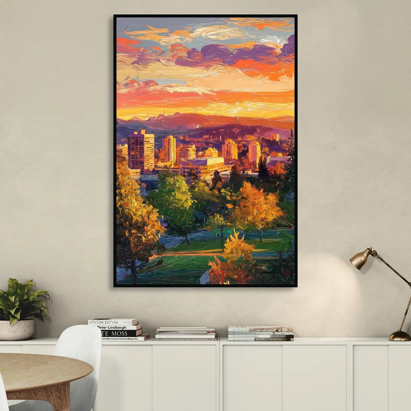 Eugene Skyline at Sunset Sitting Room - Black Canvas Wall Art