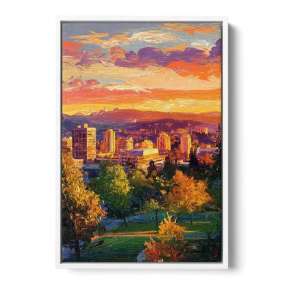 Eugene Skyline at Sunset Front - White Canvas Wall Art