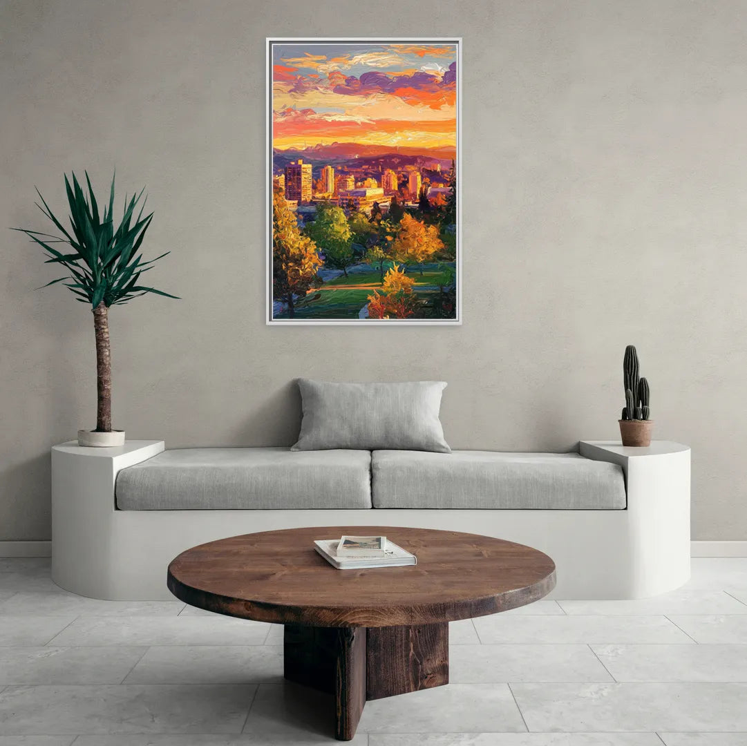 Eugene Skyline at Sunset - Living Room White Frame Canvas