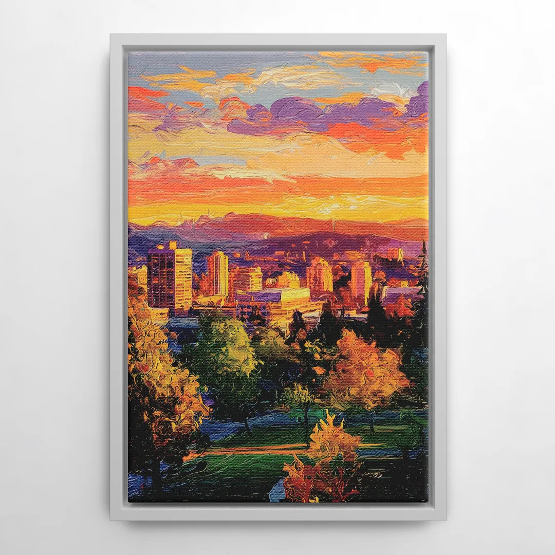 Eugene Skyline at Sunset - White Frame Canvas