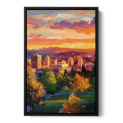 Eugene Skyline at Sunset Front - Black Canvas Wall Art