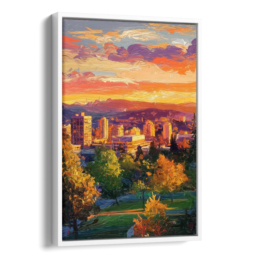 Eugene Skyline at Sunset Side - White Canvas Wall Art