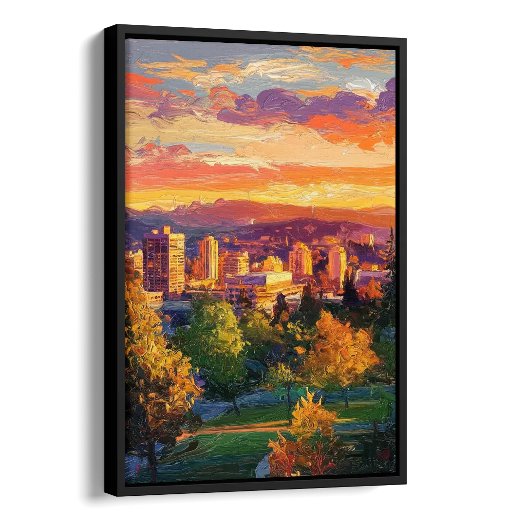 Eugene Skyline at Sunset Side - Black Canvas Wall Art