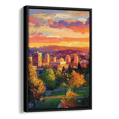 Eugene Skyline at Sunset Side - Black Canvas Wall Art