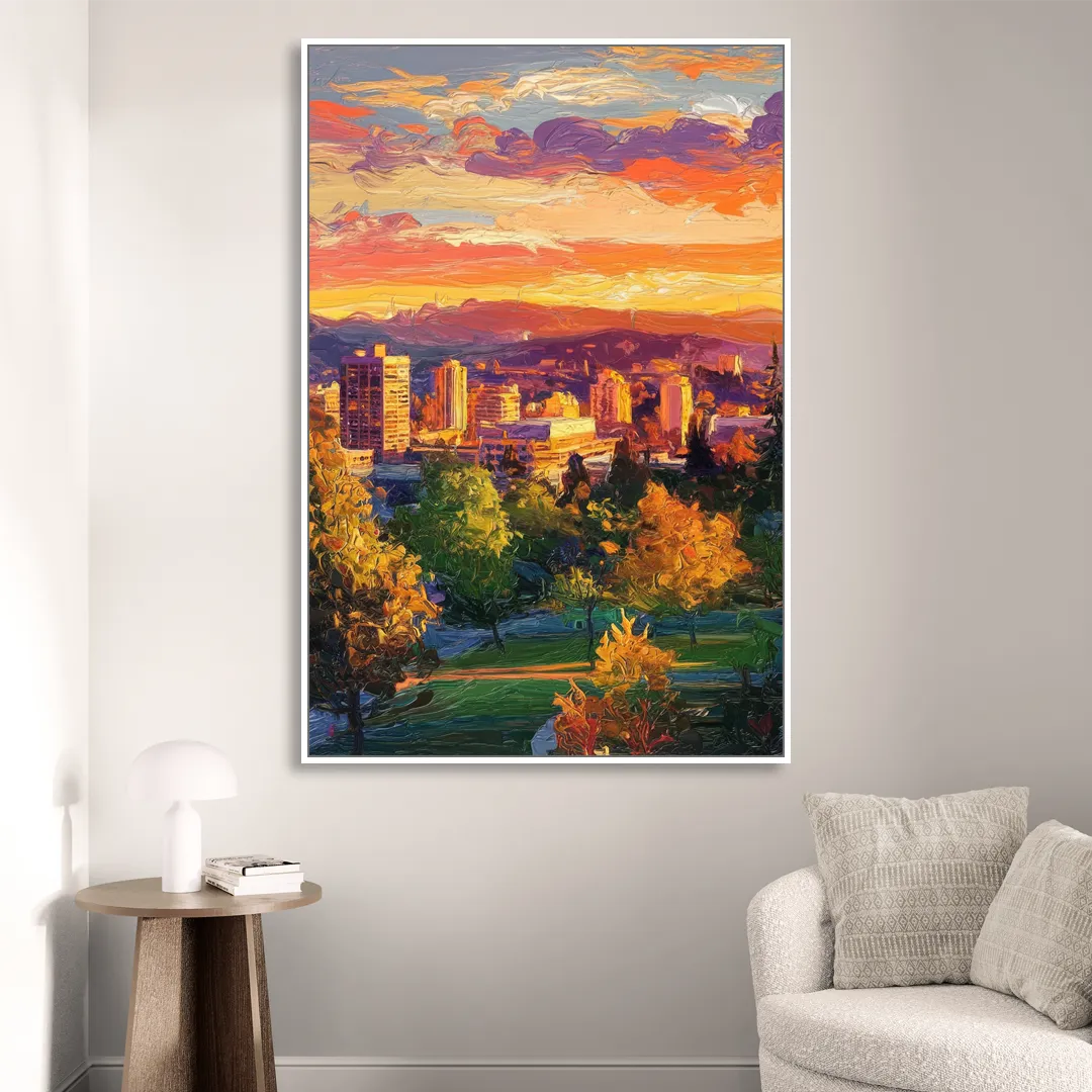 Eugene Skyline at Sunset Sitting Room - White Canvas Wall Art