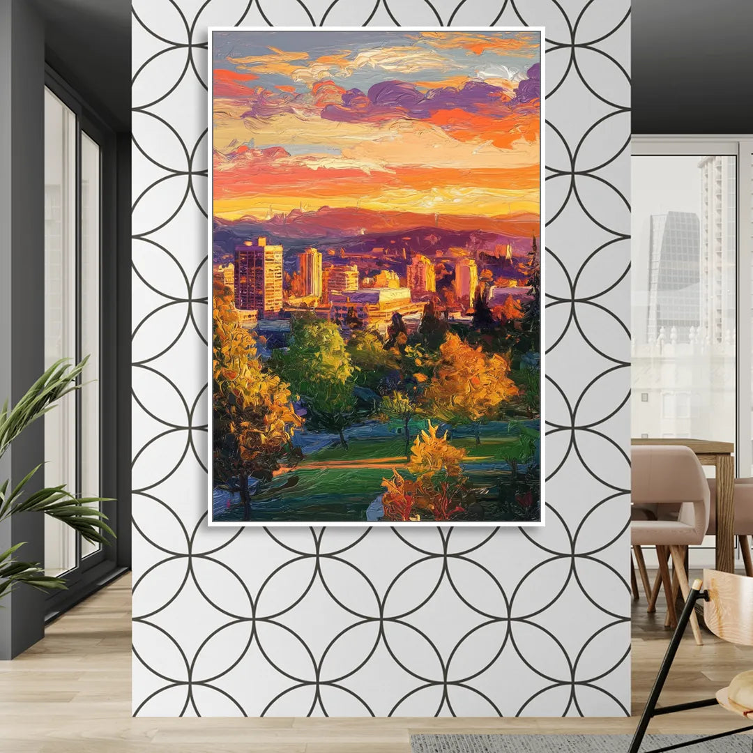 Eugene Skyline at Sunset Living Room - White Canvas Wall Art