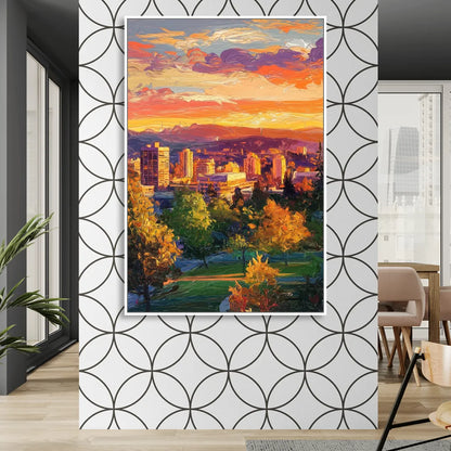 Eugene Skyline at Sunset Living Room - White Canvas Wall Art
