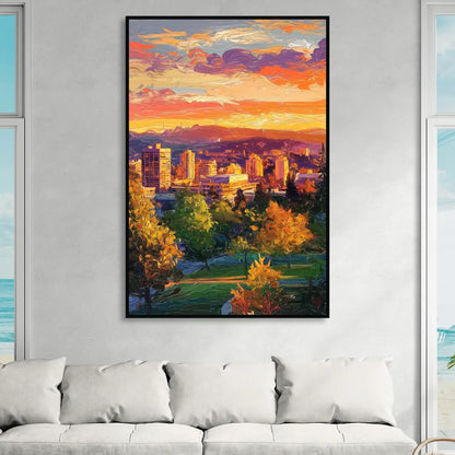 Eugene Skyline at Sunset Living Room - Black Canvas Wall Art
