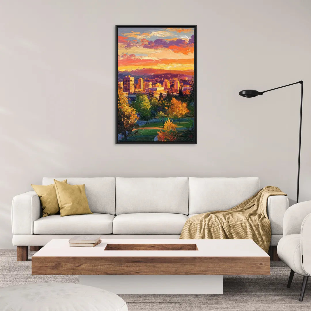 Eugene Skyline at Sunset - Living Room Black Frame Canvas