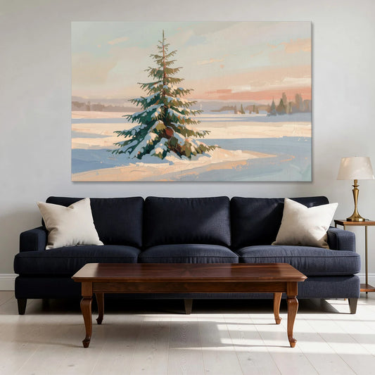 Evergreen Tree Painting of a Lone Snowy Fir - Canvas Wall Art - Sofa - 60x40