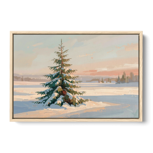 Evergreen Tree Painting of a Lone Snowy Fir - Oak Framed Canvas Wall Art - Front