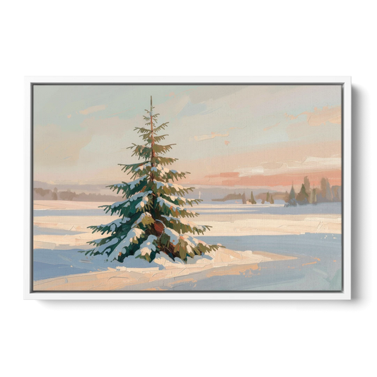 Evergreen Tree Painting of a Lone Snowy Fir - White Framed Canvas Wall Art - Front
