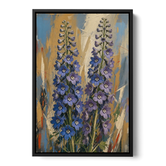 Expressive Flower Painting of Delphinium Spires - Black Framed Canvas Wall Art - Front