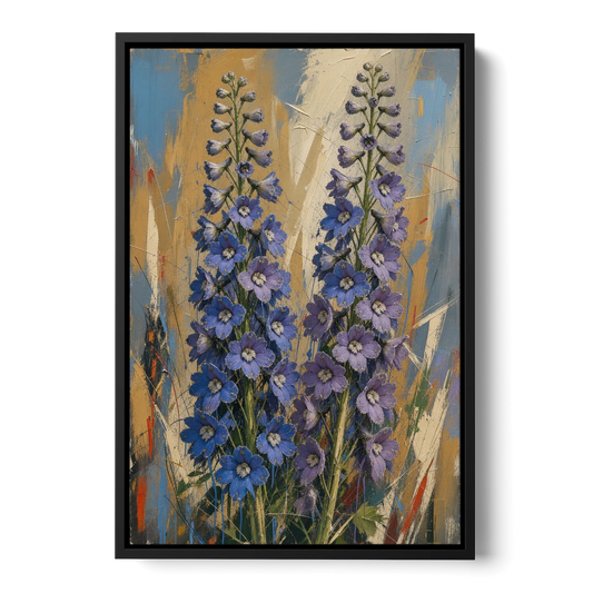 Expressive Flower Painting of Delphinium Spires - Black Framed Canvas Wall Art - Front