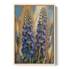 Expressive Flower Painting of Delphinium Spires - Oak Framed Canvas Wall Art - Front