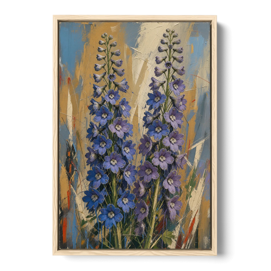 Expressive Flower Painting of Delphinium Spires - Oak Framed Canvas Wall Art - Front