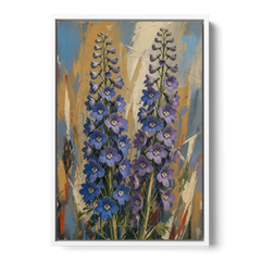 Expressive Flower Painting of Delphinium Spires - White Framed Canvas Wall Art - Front