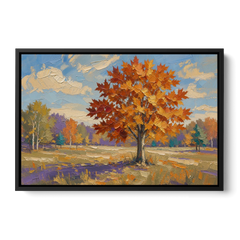 Fall Landscape Painting of a Blazing Maple - Black Framed Canvas Wall Art - Front
