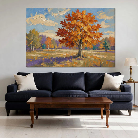 Fall Landscape Painting of a Blazing Maple - Canvas Wall Art - Sofa - 60x40
