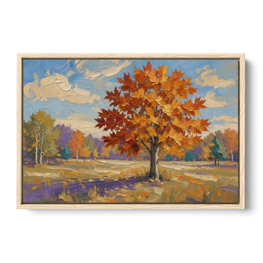 Fall Landscape Painting of a Blazing Maple - Oak Framed Canvas Wall Art - Front