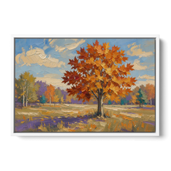 Fall Landscape Painting of a Blazing Maple - White Framed Canvas Wall Art - Front