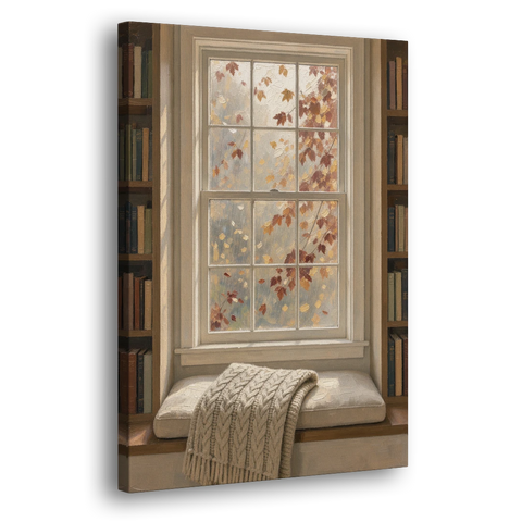 Fall Wall Art Window Seat with Wool Blanket - Canvas Wall Art - Side