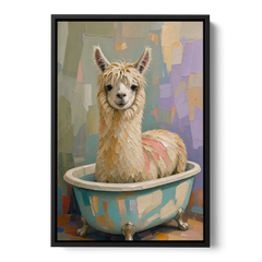 Farm Animal Bathroom Decor with a Soggy Alpaca - Black Framed Canvas Wall Art - Front