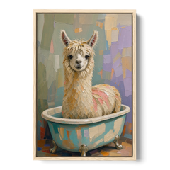 Farm Animal Bathroom Decor with a Soggy Alpaca - Oak Framed Canvas Wall Art - Front