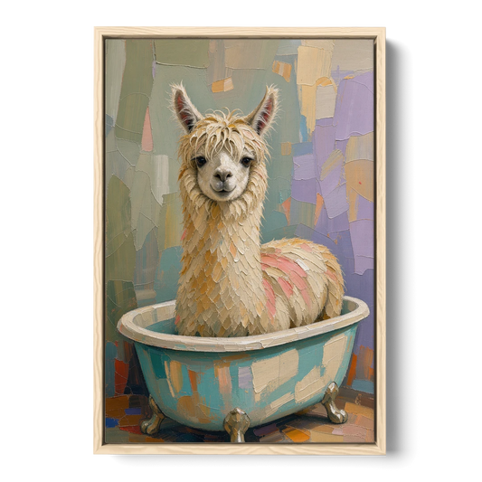Farm Animal Bathroom Decor with a Soggy Alpaca - Oak Framed Canvas Wall Art - Front