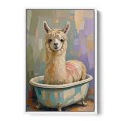 Farm Animal Bathroom Decor with a Soggy Alpaca - White Framed Canvas Wall Art - Front